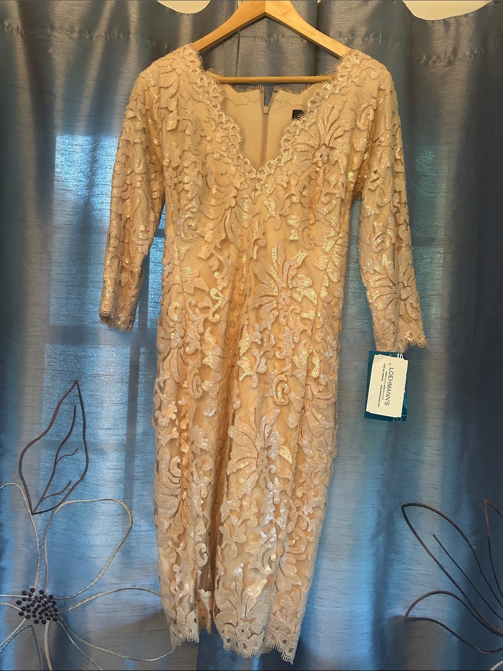 Tadashi Shoji Champagne Beaded Lace Midi Dress